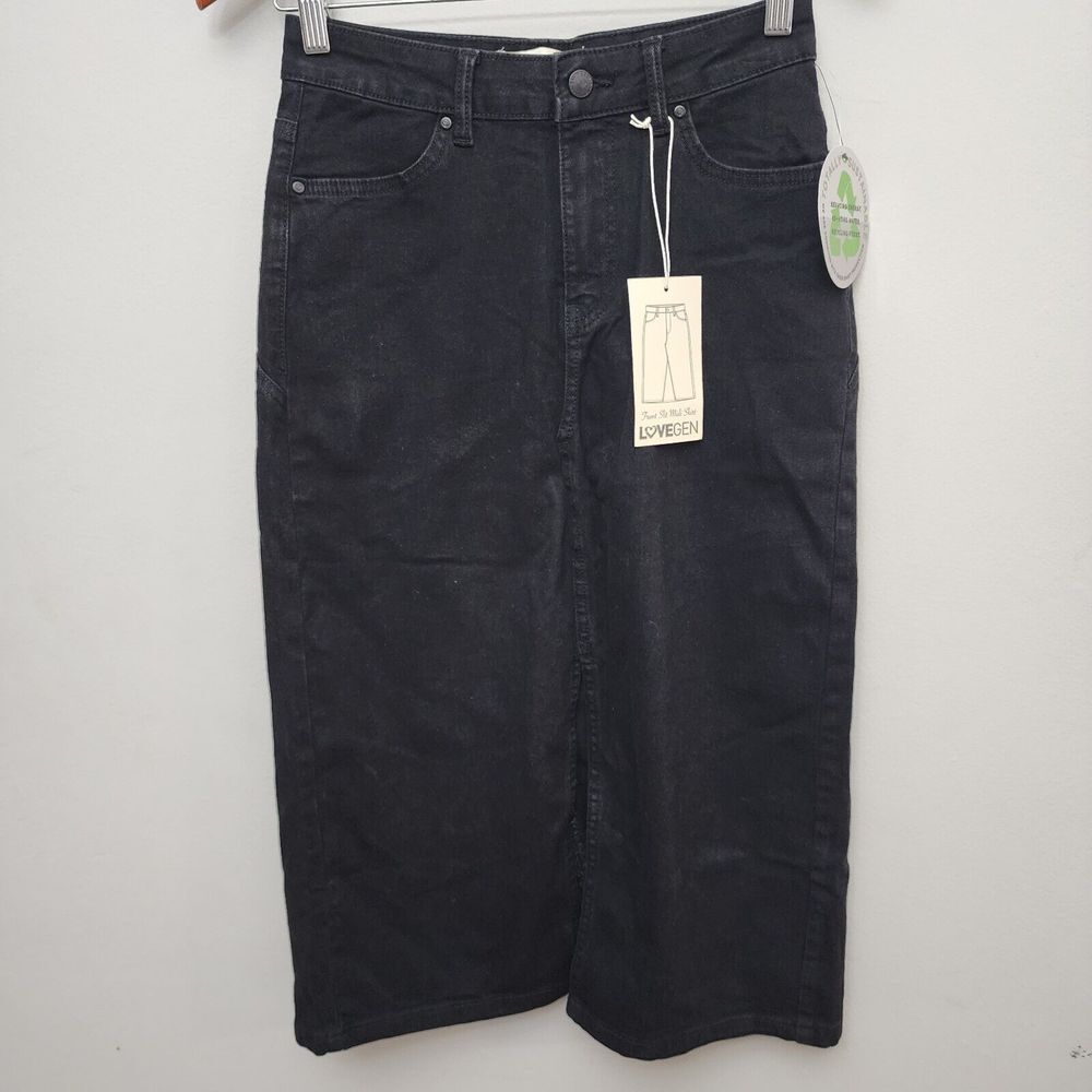 LOVEGEN Black Jean Front Slit Midi‎ Skirt Pockets Size 3/27 Casual Classic